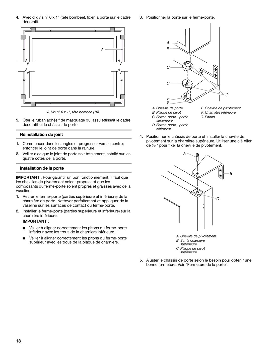 KitchenAid 2300269 manual Réinstallation du joint, Installation de la porte 