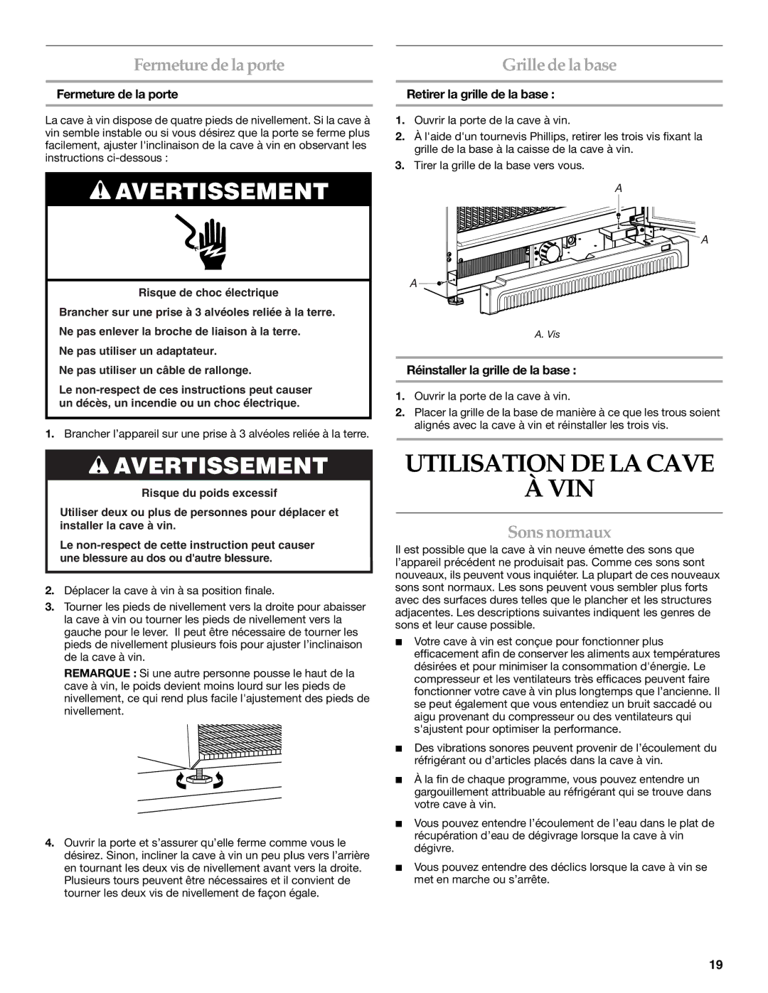 KitchenAid 2300269 manual Utilisation DE LA Cave VIN, Fermeture de la porte, Sons normaux 