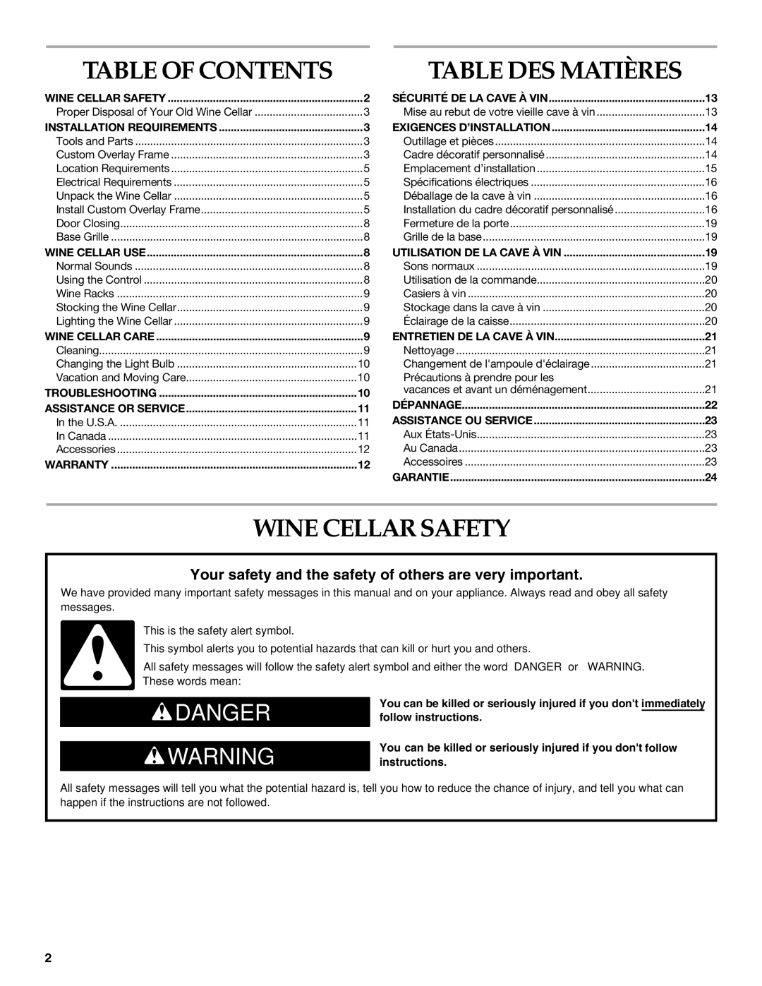 KitchenAid 2300269 manual Table DES Matières, Wine Cellar Safety 