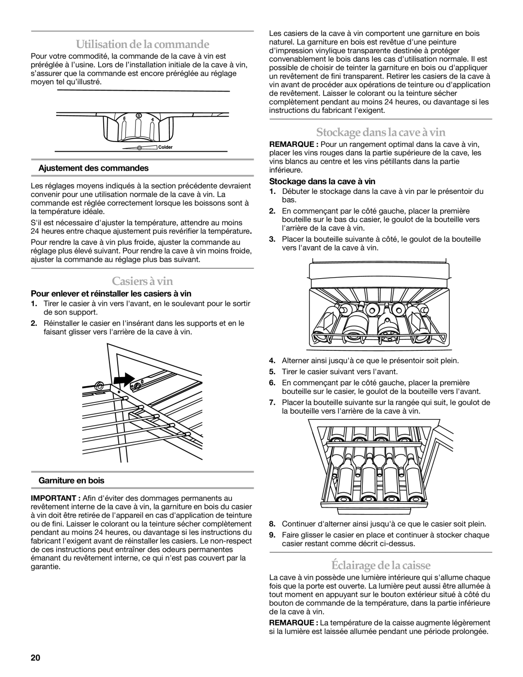 KitchenAid 2300269 manual Utilisation de la commande, Casiersàvin, Stockage dansla cave àvin, Éclairage de la caisse 