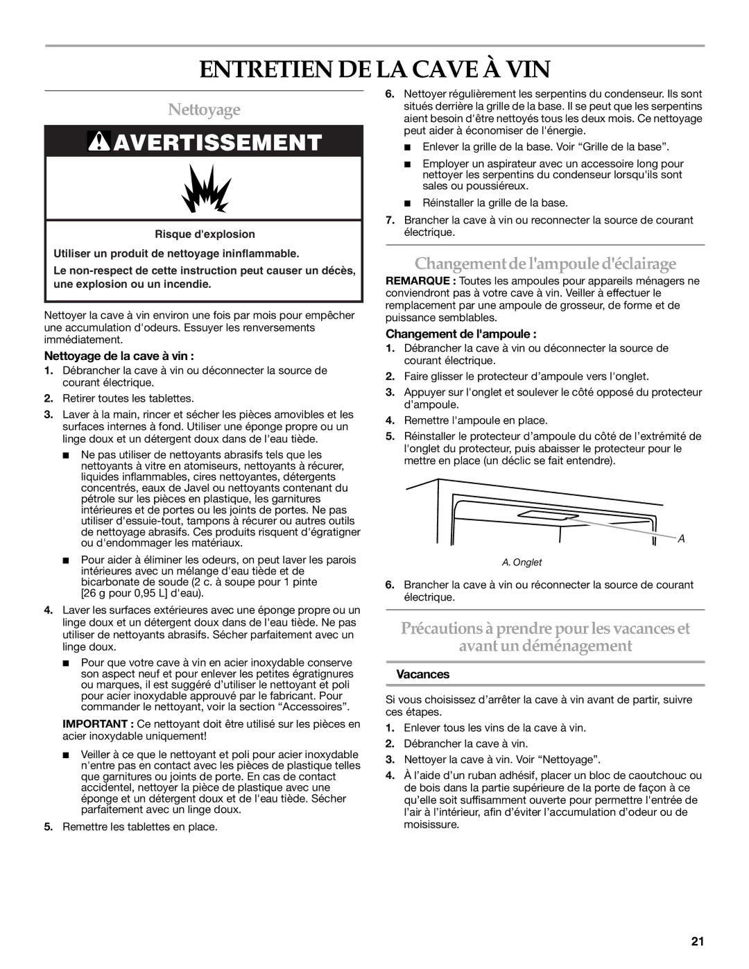 KitchenAid 2300269 manual Entretien DE LA Cave À VIN, Nettoyage, Changementde lampoule déclairage 