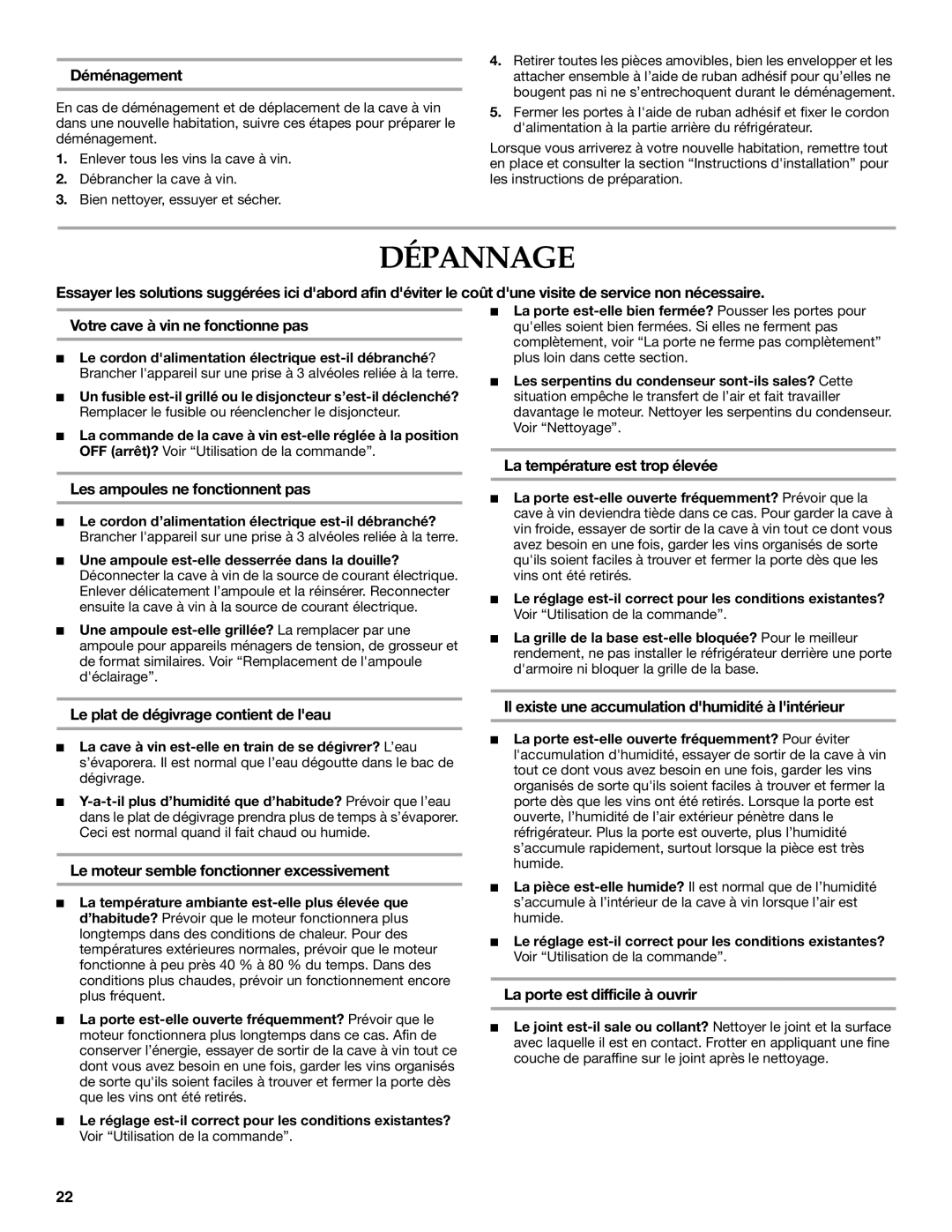 KitchenAid 2300269 manual Dépannage 