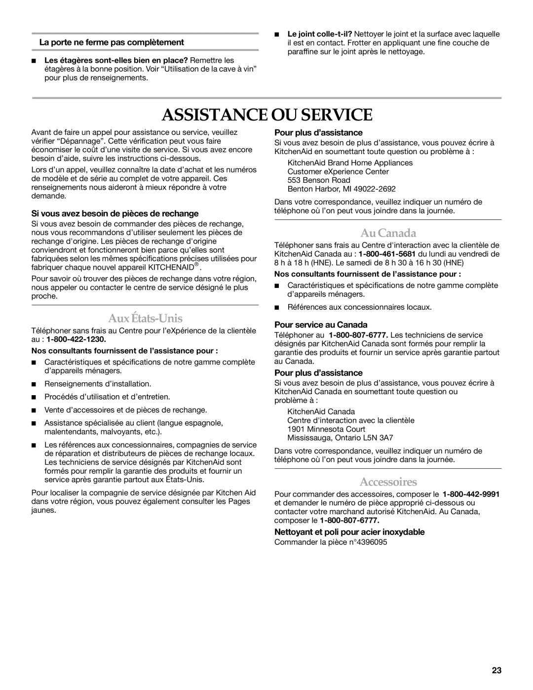 KitchenAid 2300269 manual Assistance OU Service, Au Canada, Aux États-Unis, Accessoires 