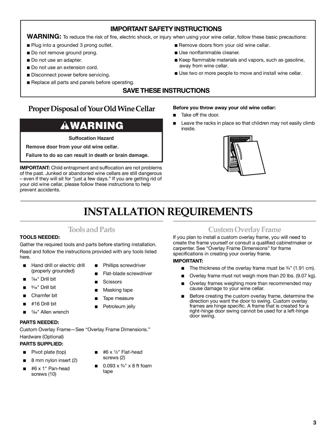 KitchenAid 2300269 manual Installation Requirements, Toolsand Parts, Custom Overlay Frame 