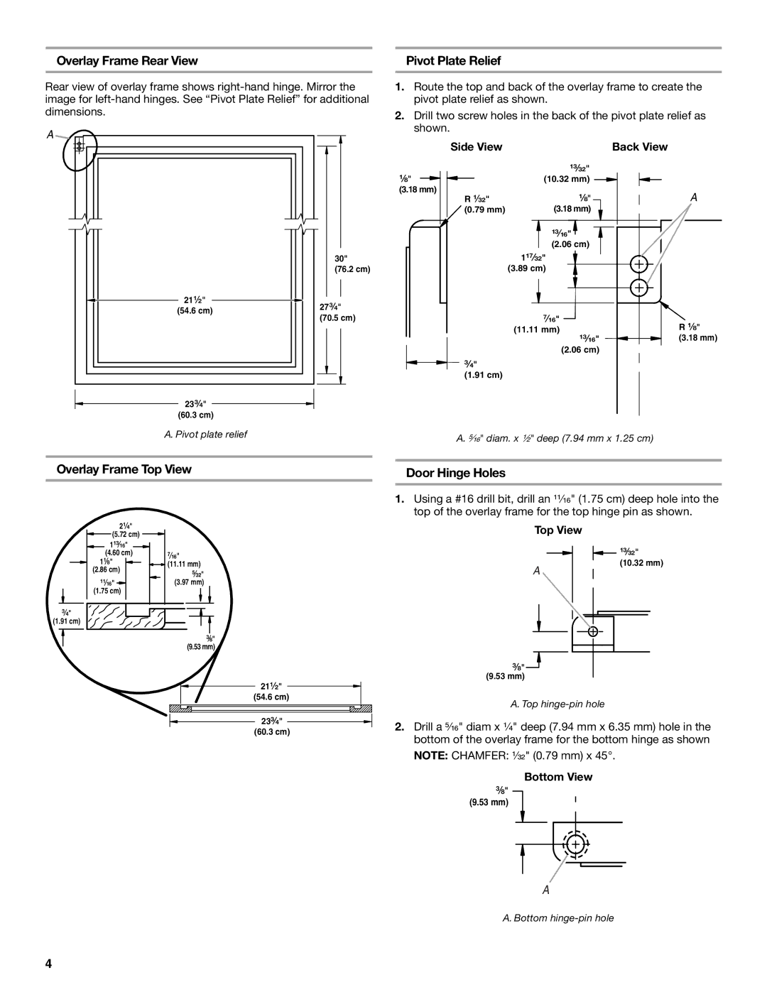 KitchenAid 2300269 manual Overlay Frame Rear View Pivot Plate Relief, Overlay Frame Top View, Door Hinge Holes 