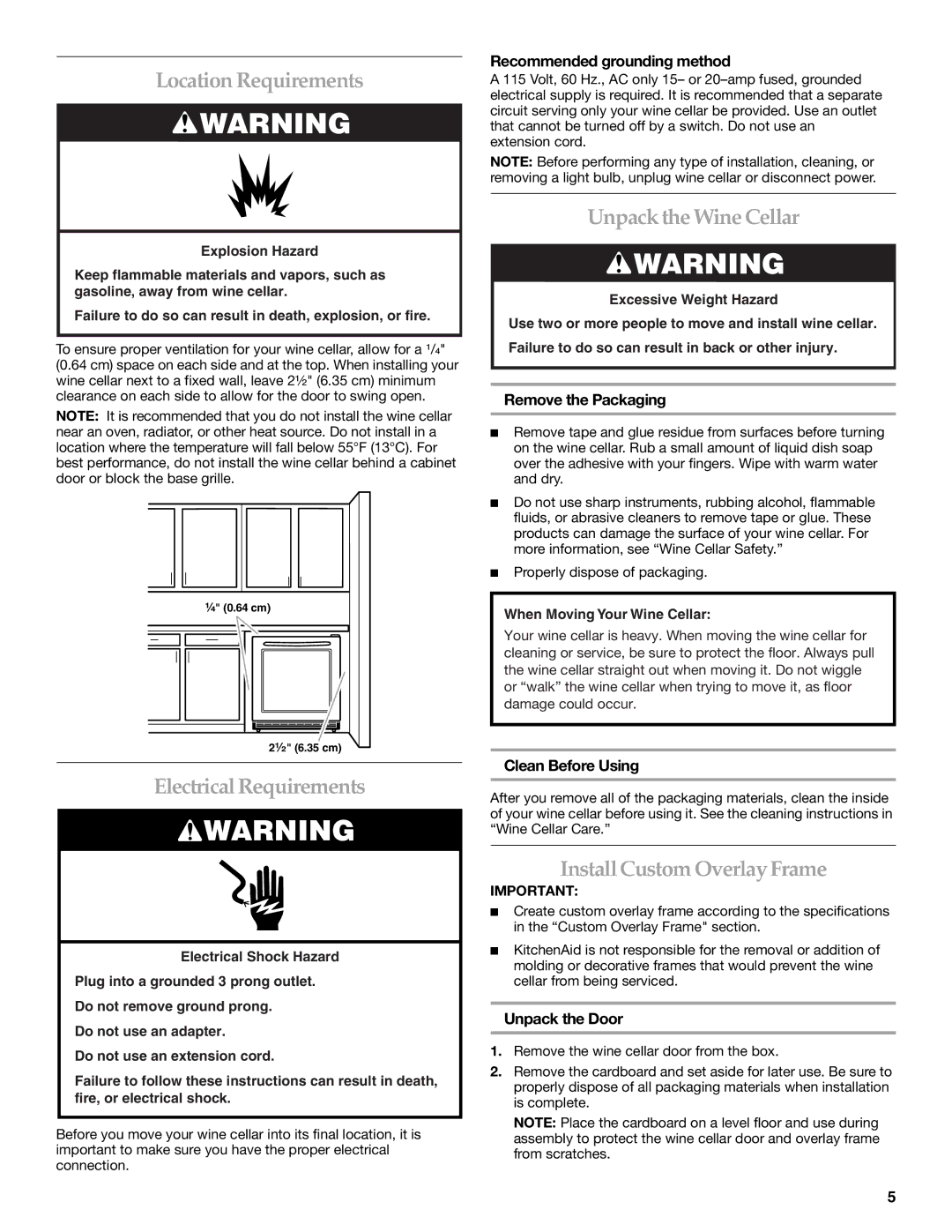 KitchenAid 2300269 Location Requirements, Electrical Requirements, Unpack the Wine Cellar, InstallCustom Overlay Frame 