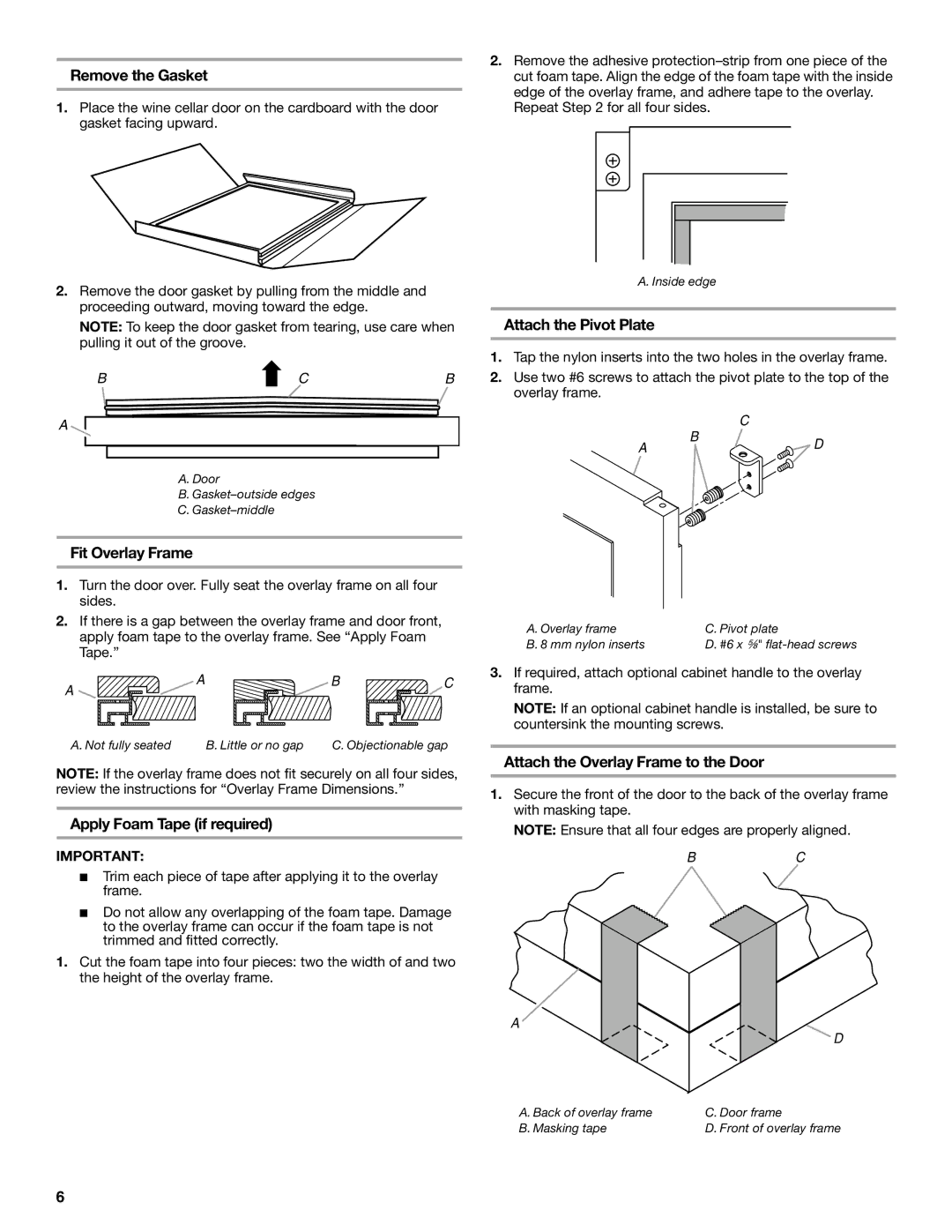 KitchenAid 2300269 manual Remove the Gasket, Fit Overlay Frame, Apply Foam Tape if required, Attach the Pivot Plate 