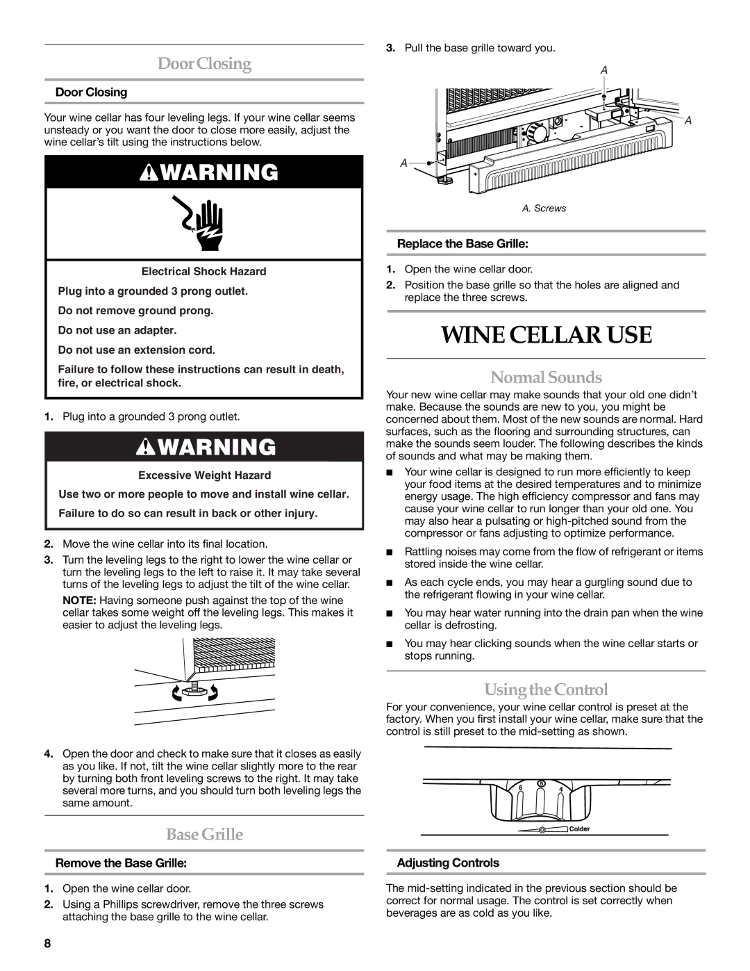 KitchenAid 2300269 manual Wine Cellar USE, DoorClosing, Base Grille, Normal Sounds, Usingthe Control 