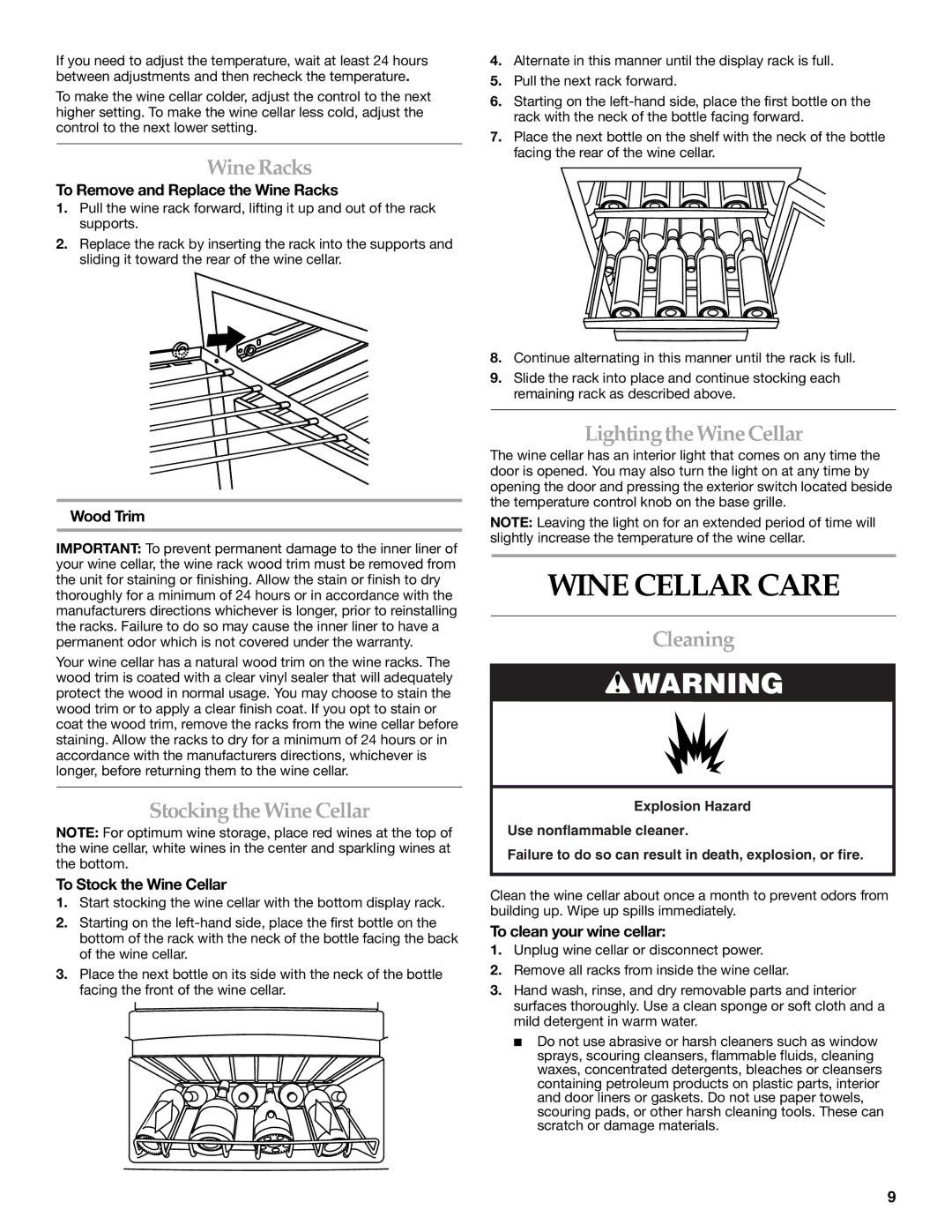 KitchenAid 2300269 manual Wine Cellar Care, Wine Racks, Stocking the Wine Cellar, Lightingthe Wine Cellar, Cleaning 