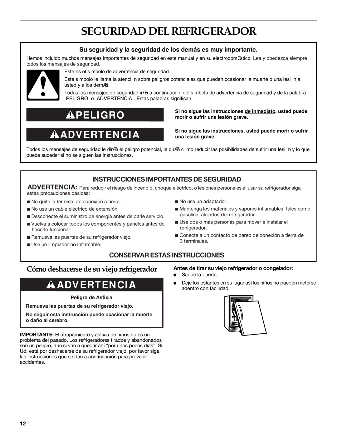 KitchenAid 2300274 manual Seguridad DEL Refrigerador, Antes de tirar su viejo refrigerador o congelador 