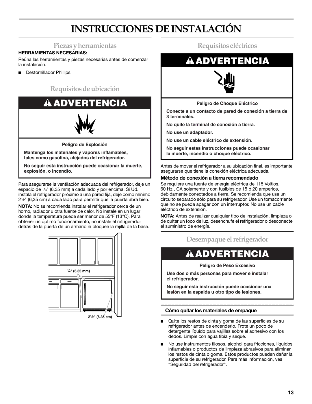 KitchenAid 2300274 manual Instrucciones DE Instalación, Piezas y herramientas, Requisitosde ubicación, Requisitoseléctricos 