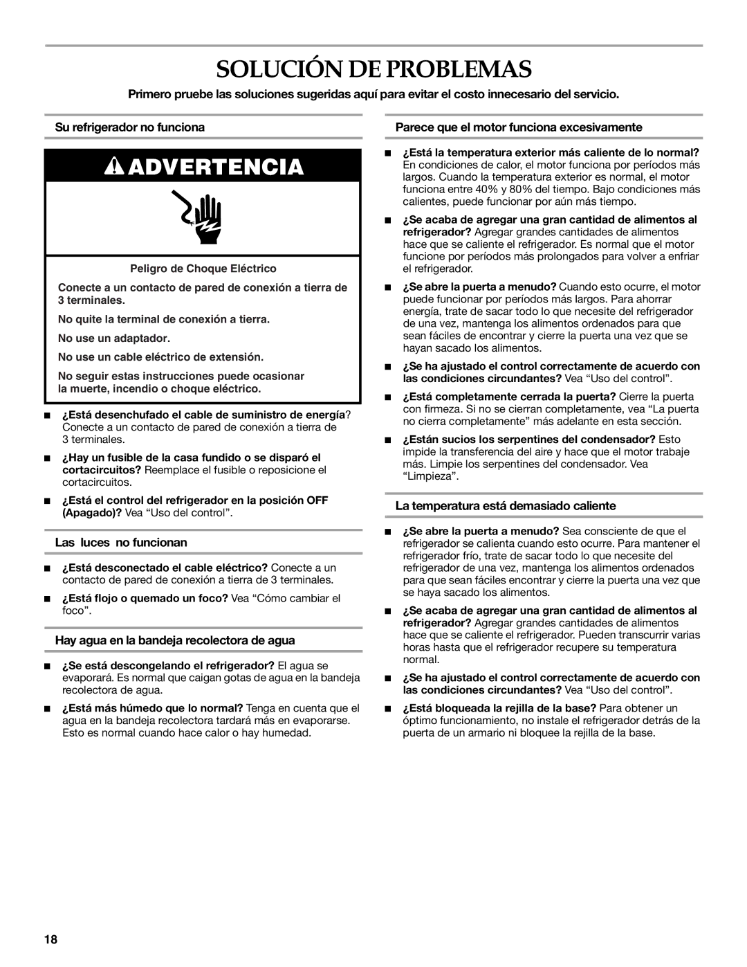 KitchenAid 2300274 manual Solución DE Problemas, Las luces no funcionan, Parece que el motor funciona excesivamente 