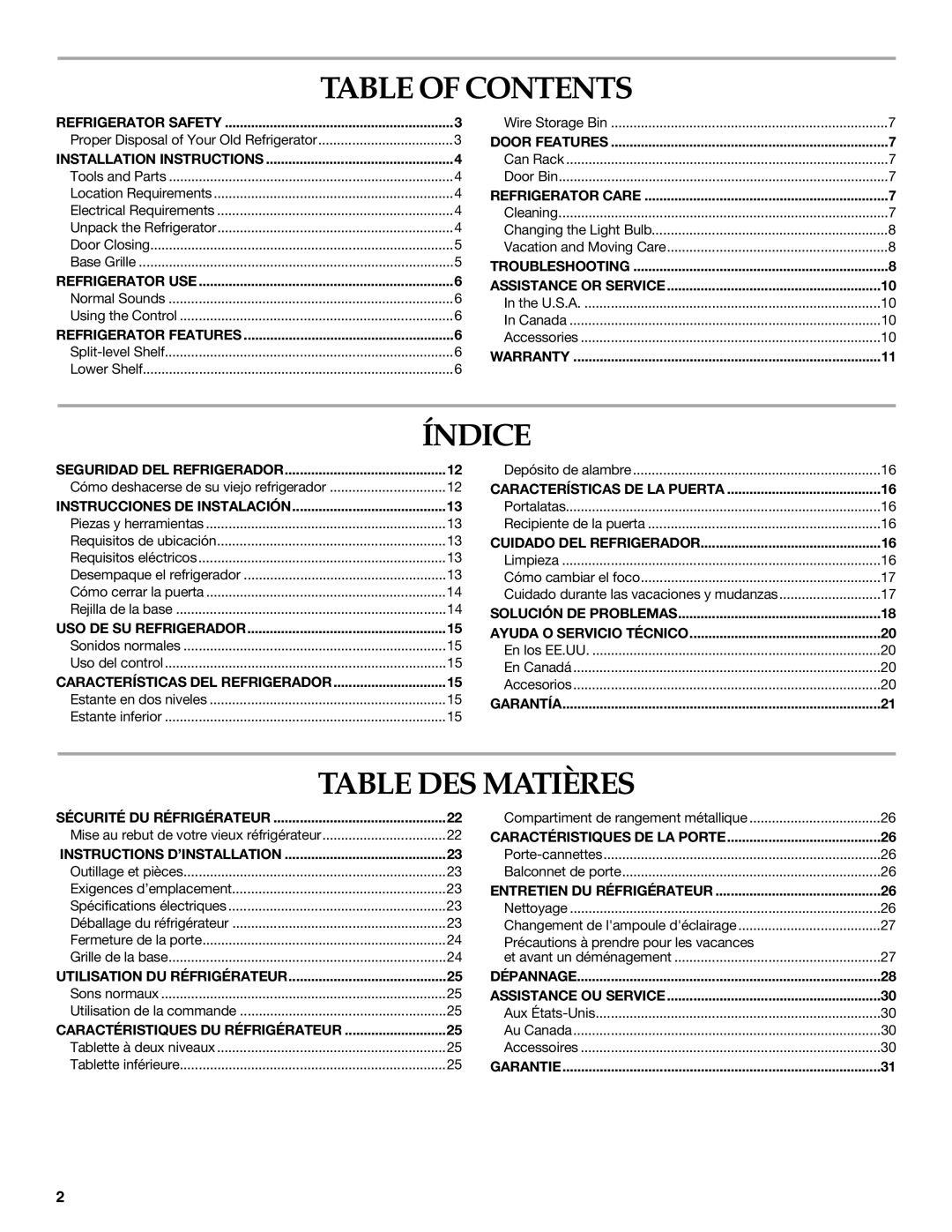 KitchenAid 2300274 manual Table of Contents, Índice, Table DES Matières 