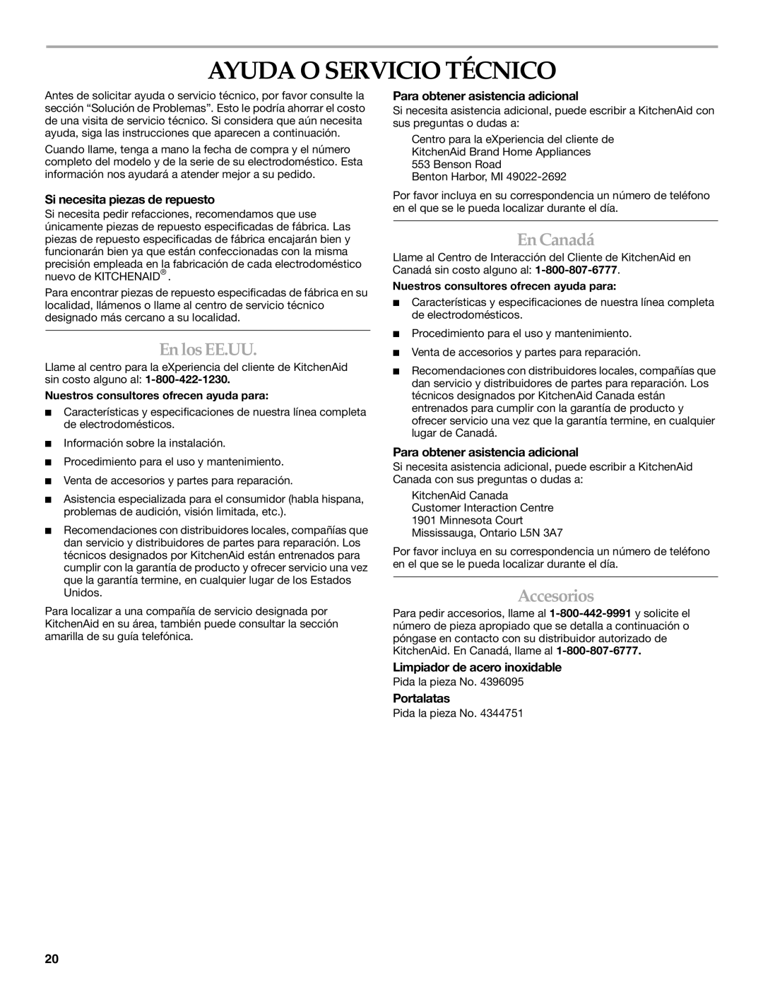 KitchenAid 2300274 manual Ayuda O Servicio Técnico, En los EE.UU, En Canadá, Accesorios 