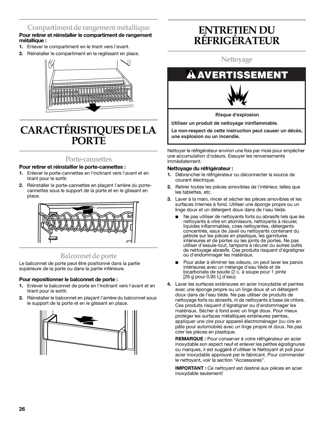 KitchenAid 2300274 manual Porte, Entretien DU Réfrigérateur 