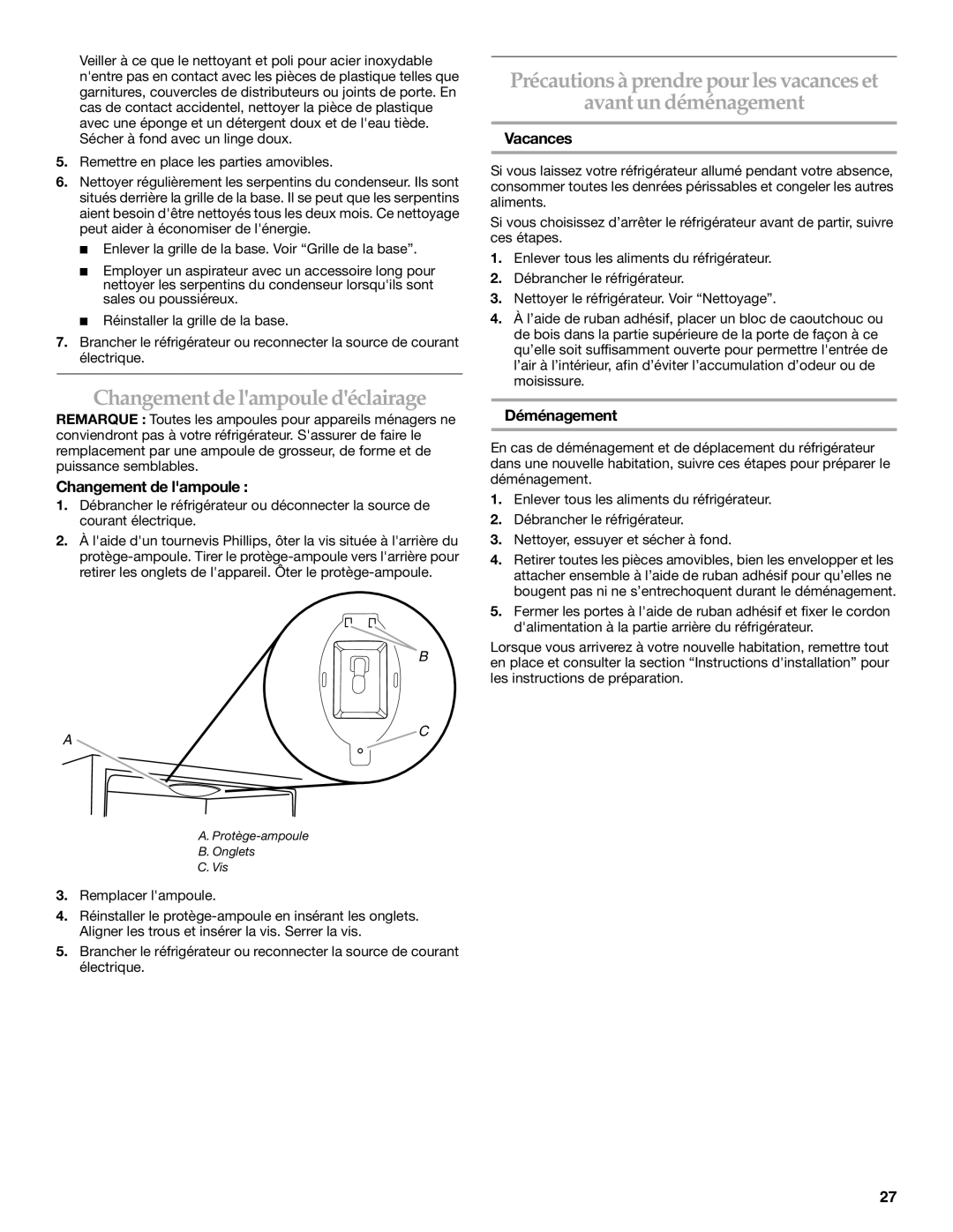 KitchenAid 2300274 manual Changement de lampoule déclairage, Vacances, Déménagement 