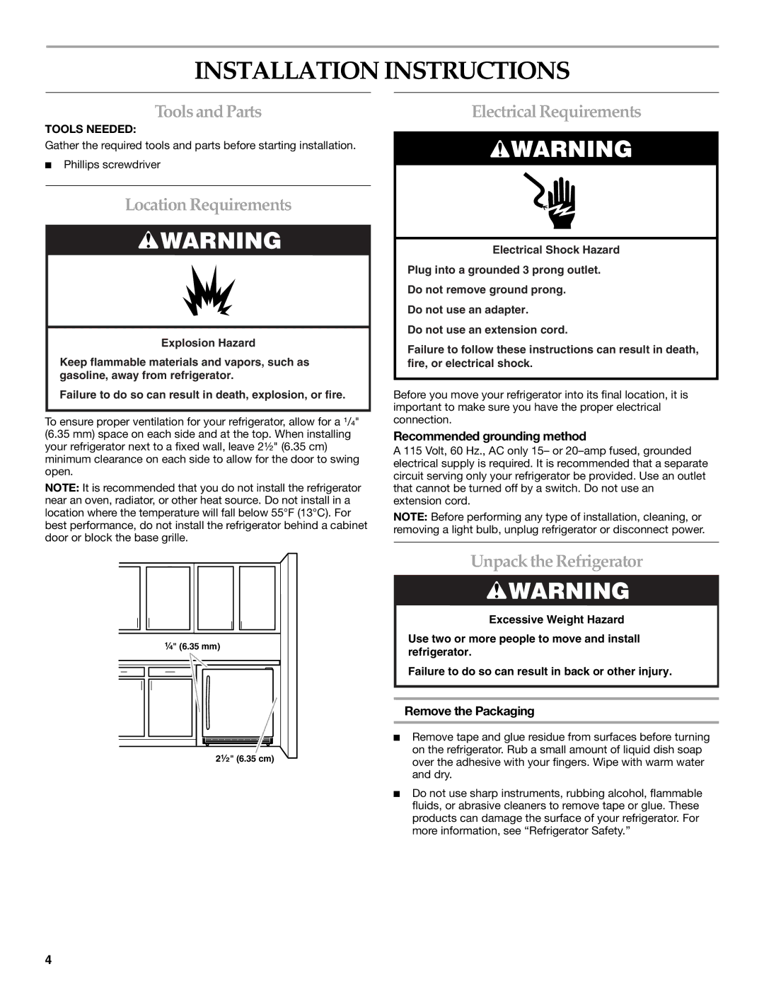 KitchenAid 2300274 manual Installation Instructions, Toolsand Parts, Location Requirements, Electrical Requirements 