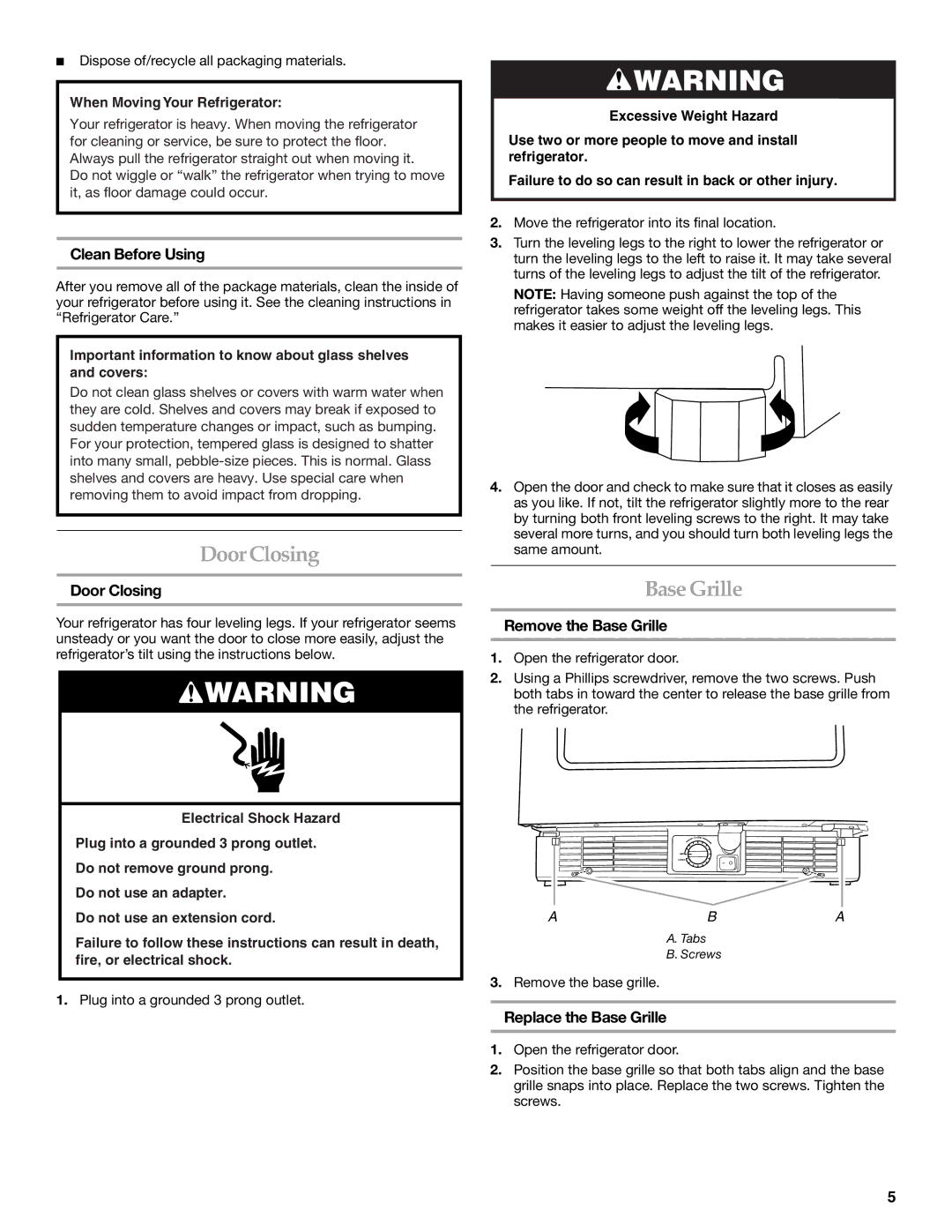 KitchenAid 2300274 manual DoorClosing, Base Grille 