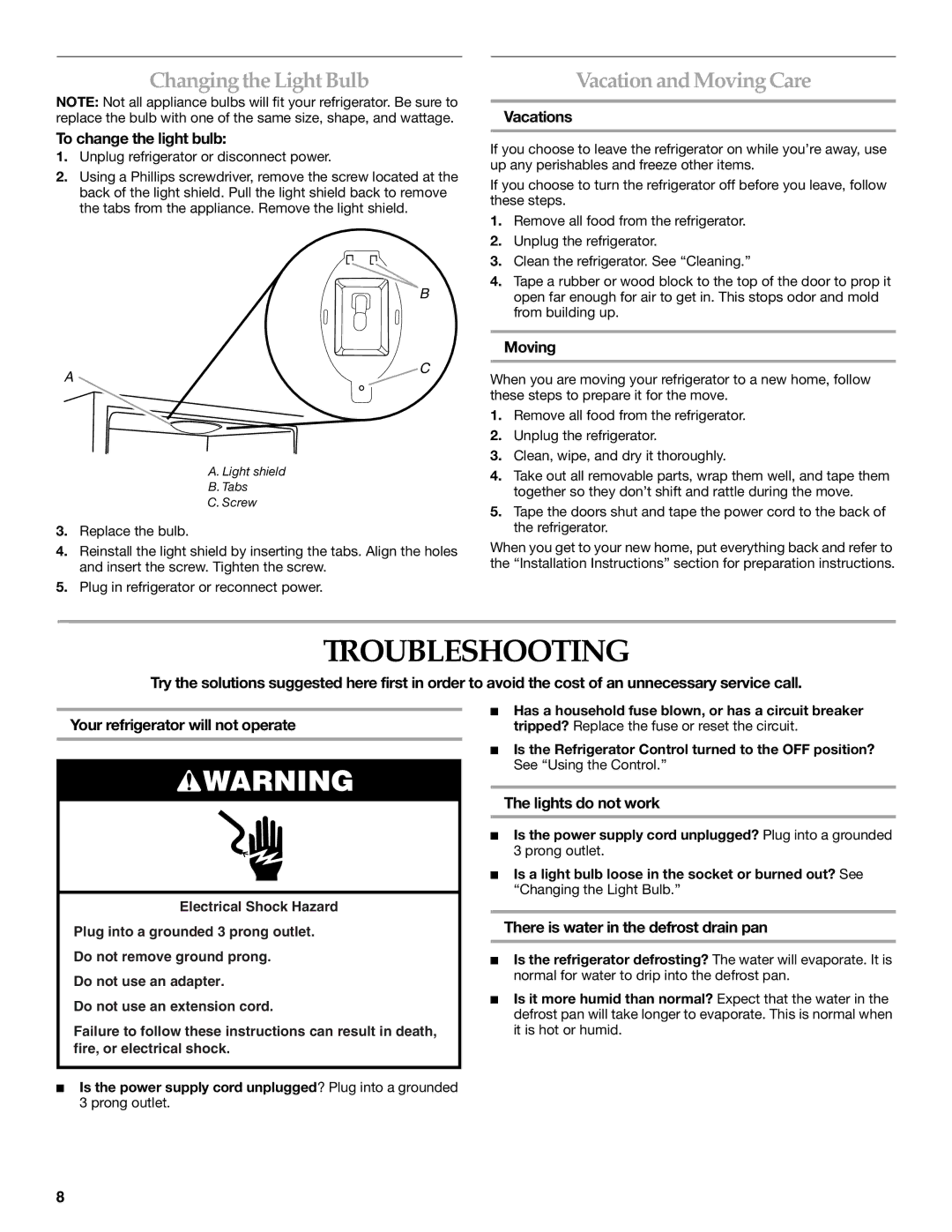 KitchenAid 2300274 manual Troubleshooting, Changing the Light Bulb, Vacation and MovingCare 