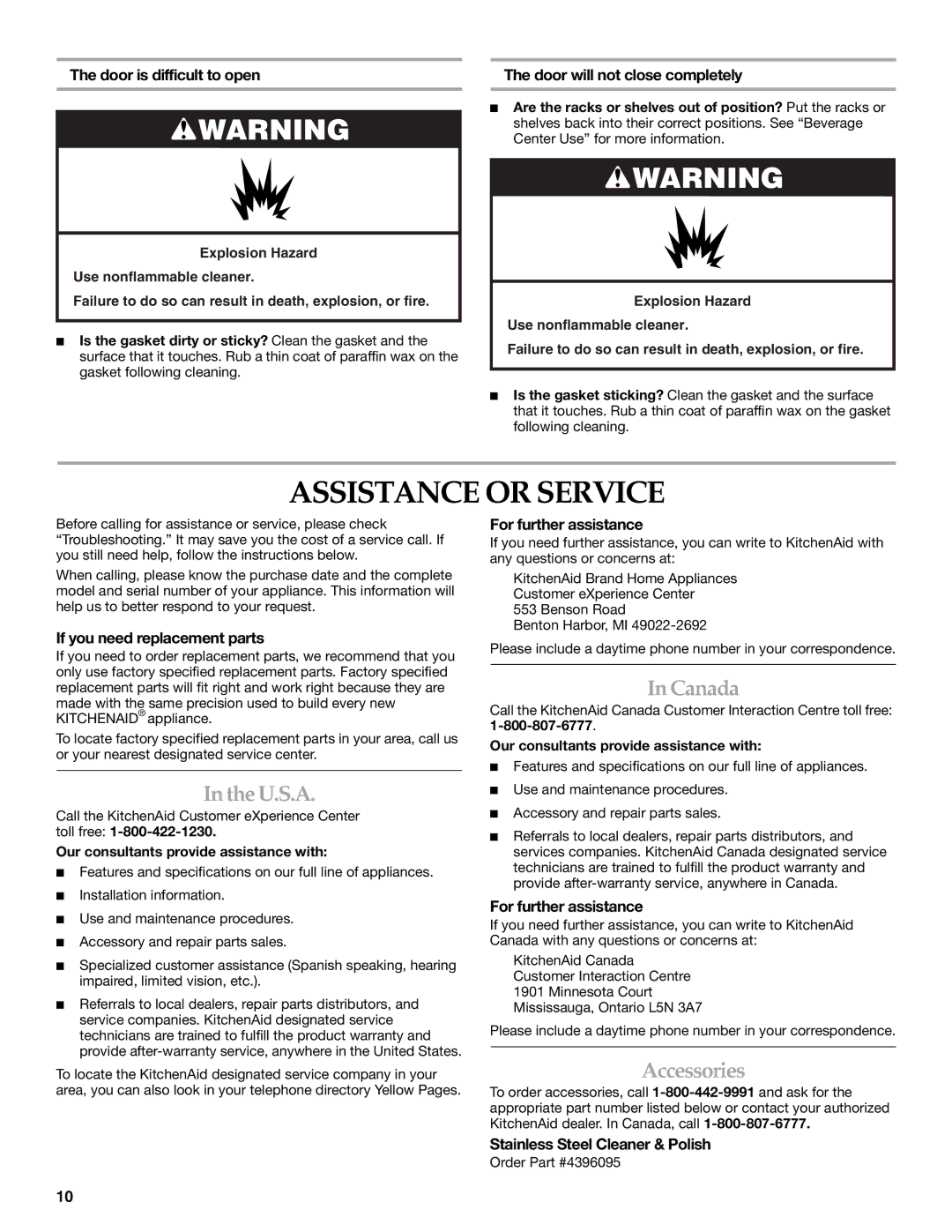KitchenAid 2300276B manual Assistance or Service, U.S.A, Canada, Accessories 