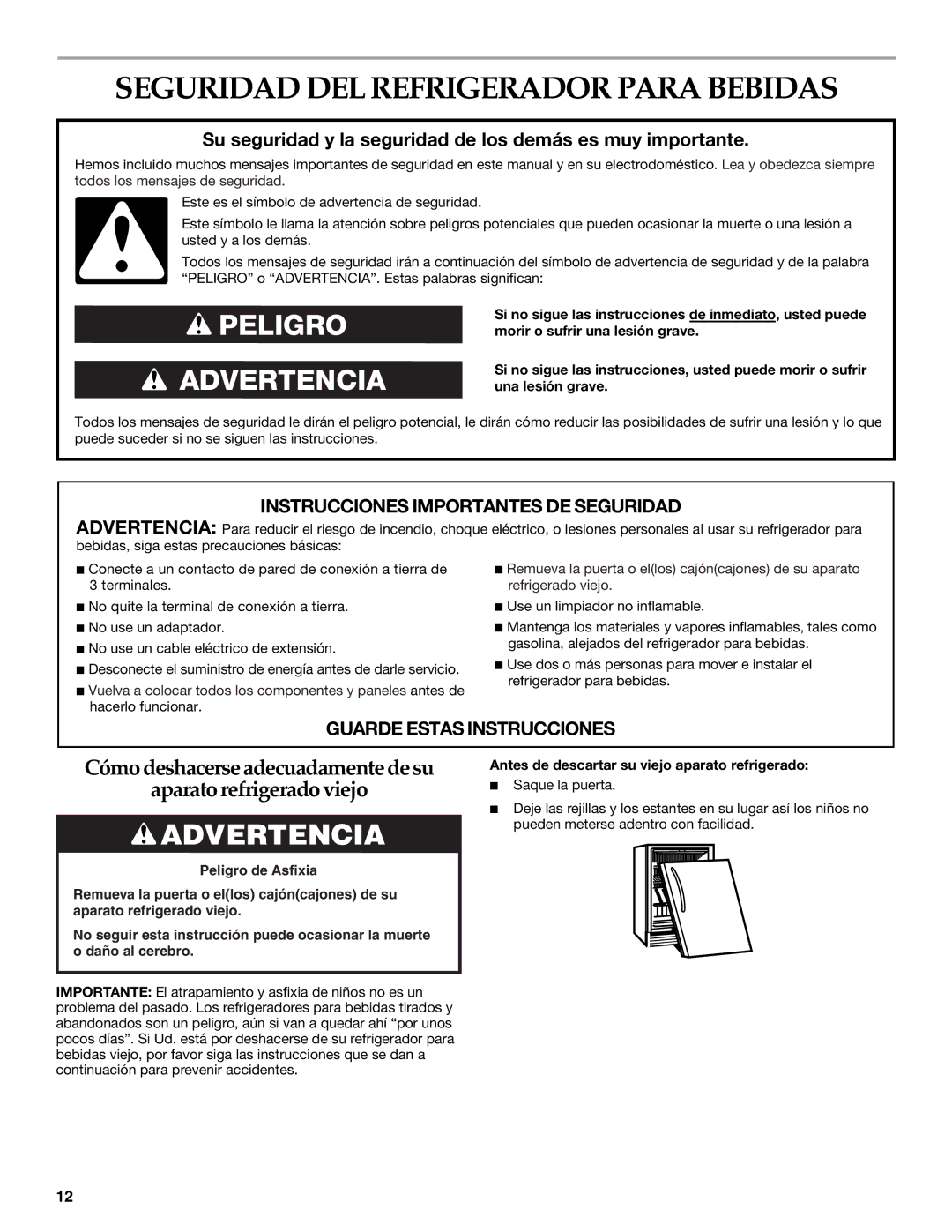 KitchenAid 2300276B manual Seguridad DEL Refrigerador Para Bebidas, Antes de descartar su viejo aparato refrigerado 