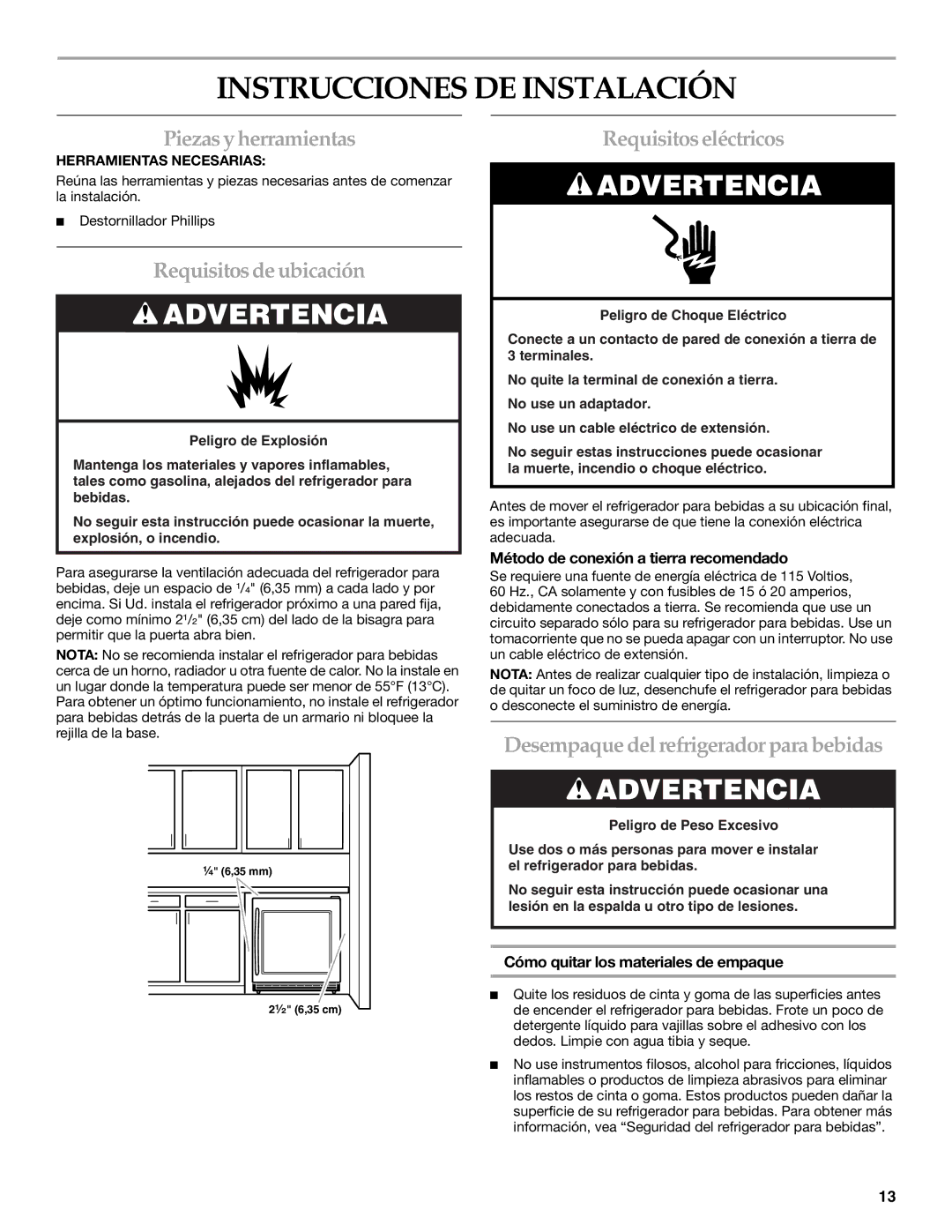 KitchenAid 2300276B Instrucciones DE Instalación, Piezas y herramientas, Requisitos de ubicación, Requisitos eléctricos 