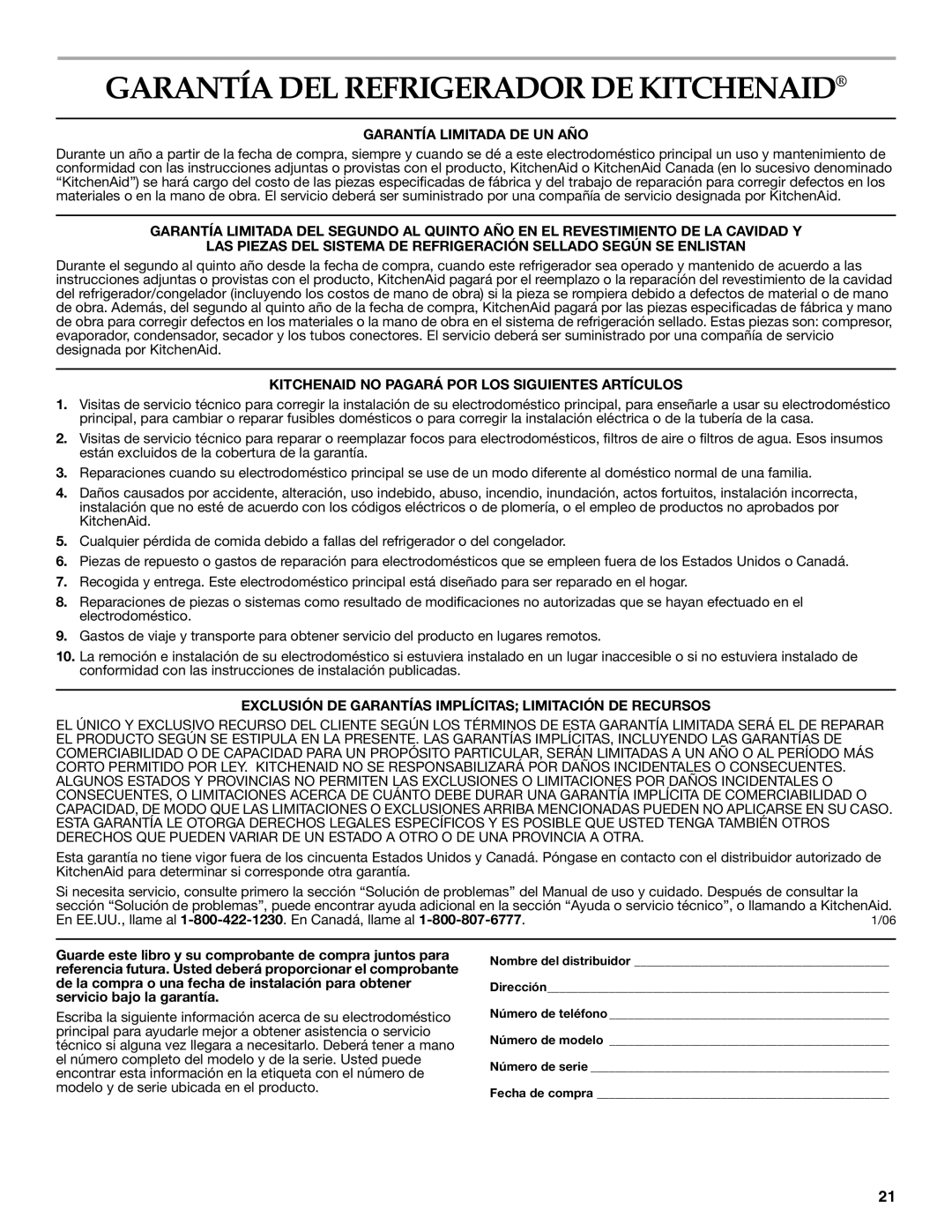 KitchenAid 2300276B manual Garantía DEL Refrigerador DE Kitchenaid, Garantía Limitada DE UN AÑO 