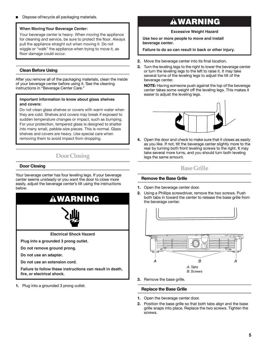 KitchenAid 2300276B manual Door Closing, Base Grille 