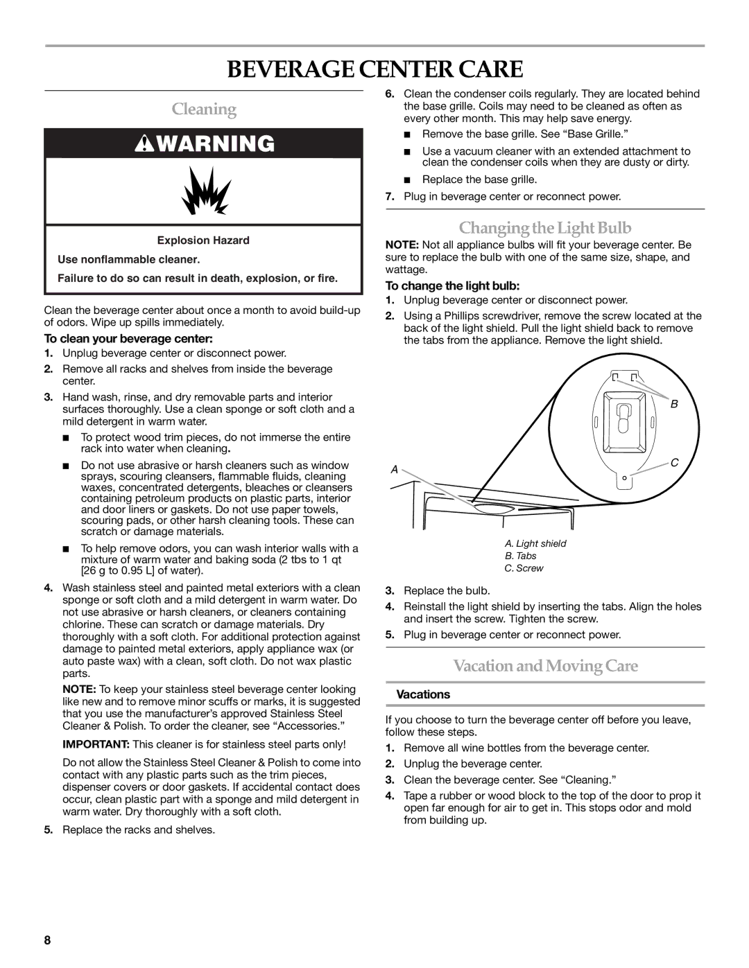 KitchenAid 2300276B manual Beverage Center Care, Cleaning, Changing the Light Bulb, Vacation and Moving Care 