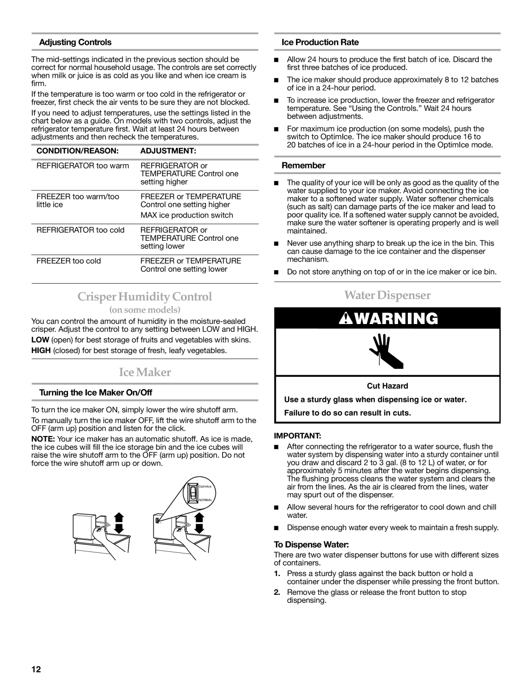 KitchenAid 2302428 warranty Crisper Humidity Control, Ice Maker, Water Dispenser 