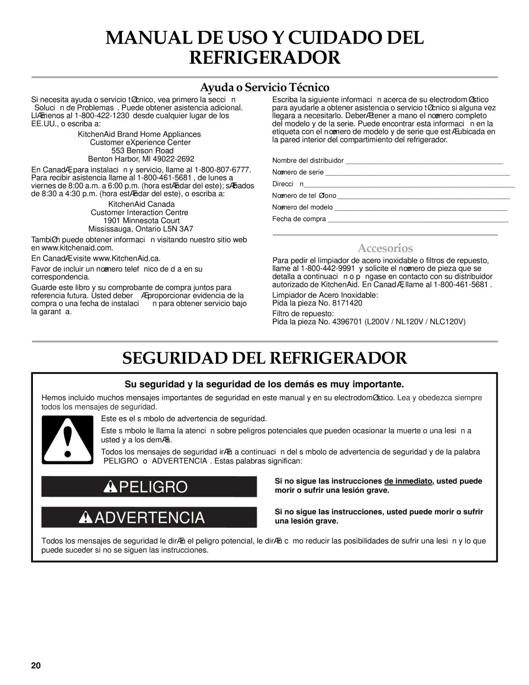 KitchenAid 2302428 warranty Seguridad DEL Refrigerador, Accesorios, Limpiador de Acero Inoxidable, Filtro de repuesto 