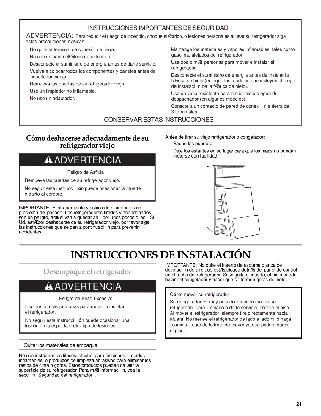 KitchenAid 2302428 warranty Instrucciones DE Instalación, Desempaque el refrigerador, Quitar los materiales de empaque 