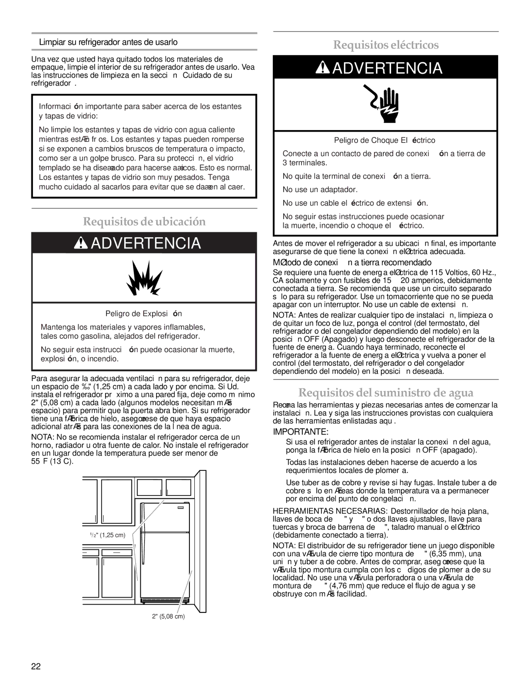 KitchenAid 2302428 warranty Requisitos de ubicación, Requisitos eléctricos, Requisitos del suministro de agua 