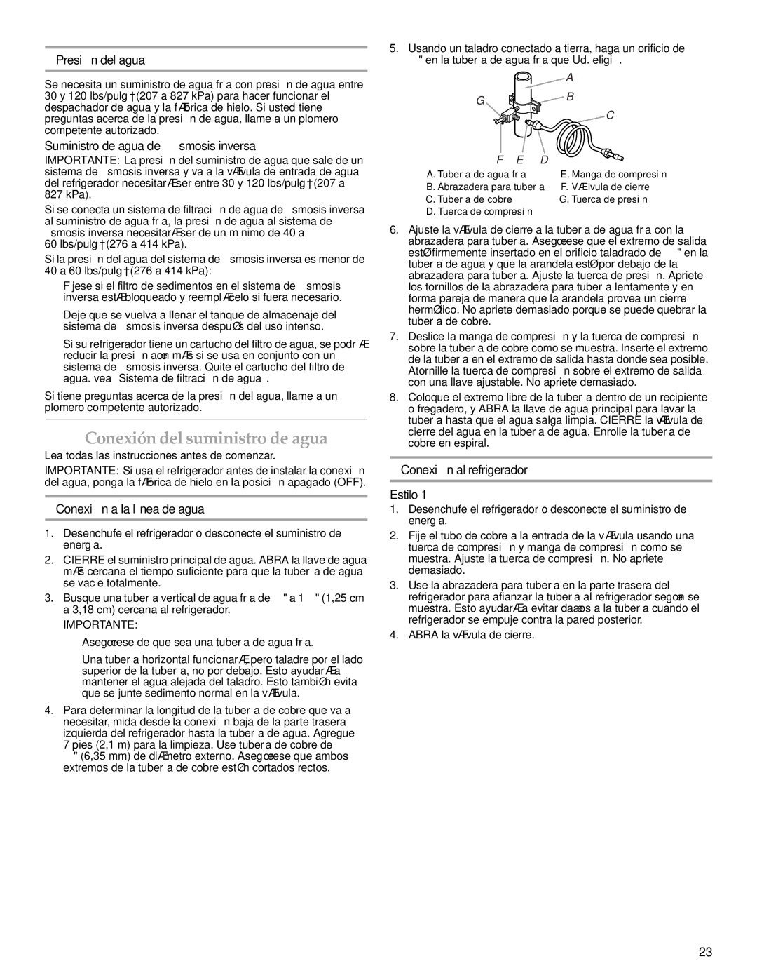 KitchenAid 2302428 warranty Conexión del suministro de agua, Presión del agua, Suministro de agua de ósmosis inversa 