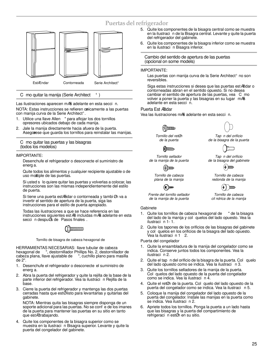 KitchenAid 2302428 warranty Puertas del refrigerador, Cómo quitar la manija Serie Architect, Puerta Estándar 