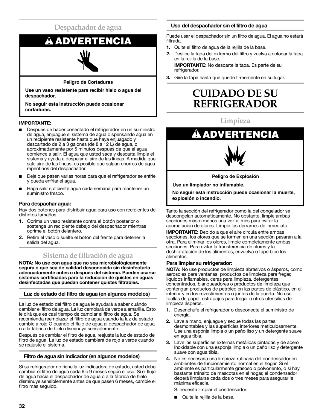 KitchenAid 2302428 warranty Cuidado DE SU Refrigerador, Despachador de agua, Sistema de filtración de agua, Limpieza 