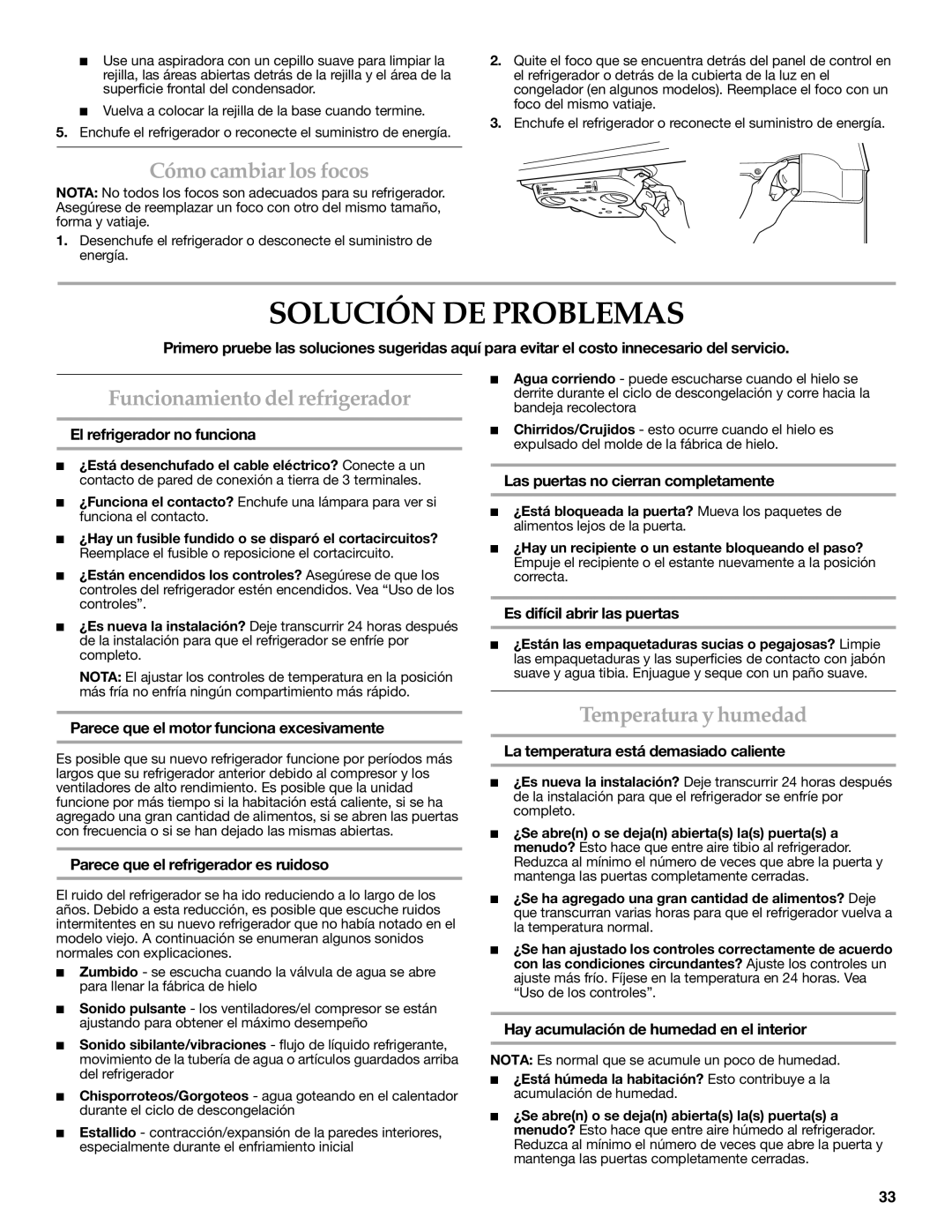 KitchenAid 2302428 Solución DE Problemas, Cómo cambiar los focos, Funcionamiento del refrigerador, Temperatura y humedad 