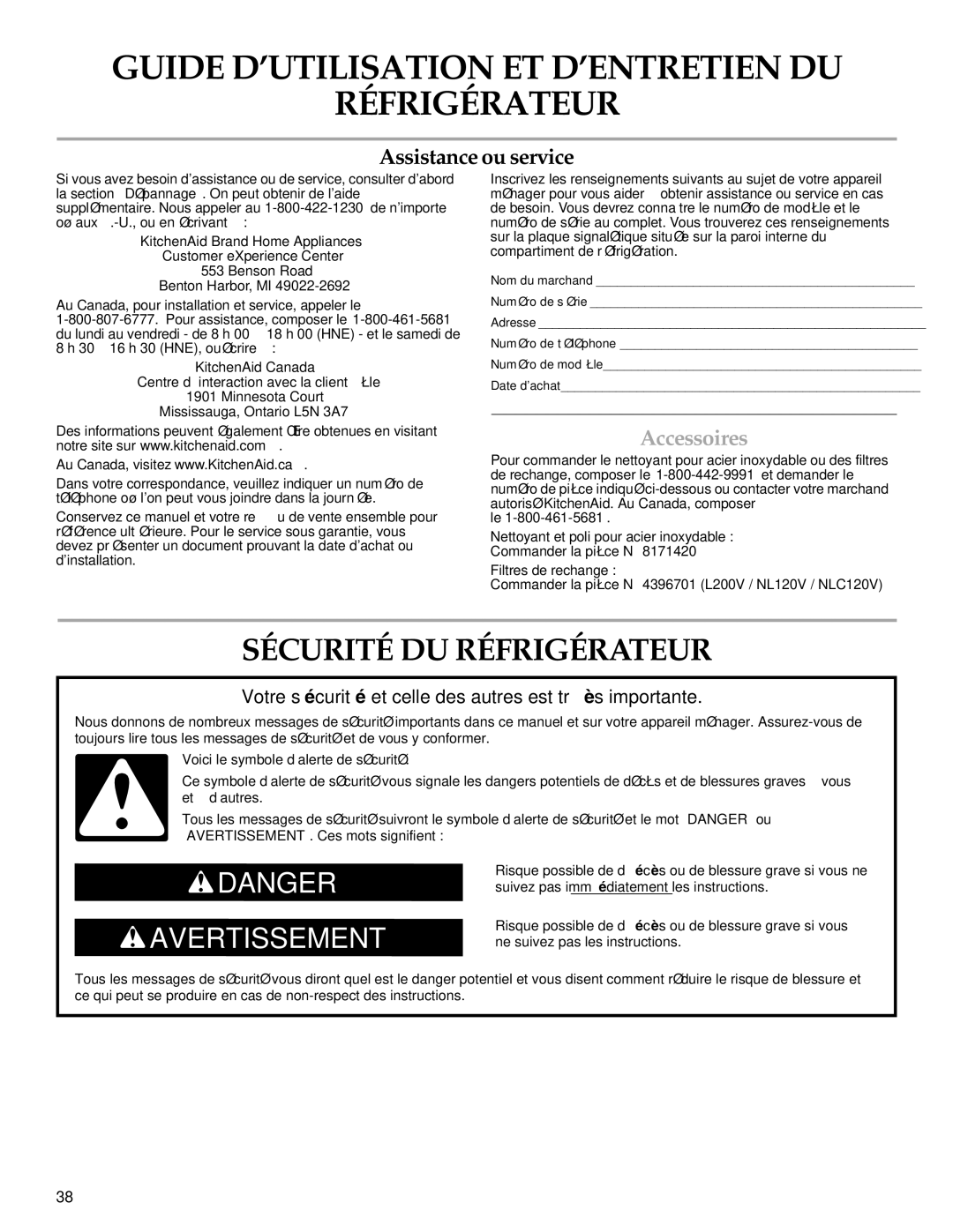 KitchenAid 2302428 warranty Sécurité DU Réfrigérateur, Accessoires, Au Canada, pour installation et service, appeler le 