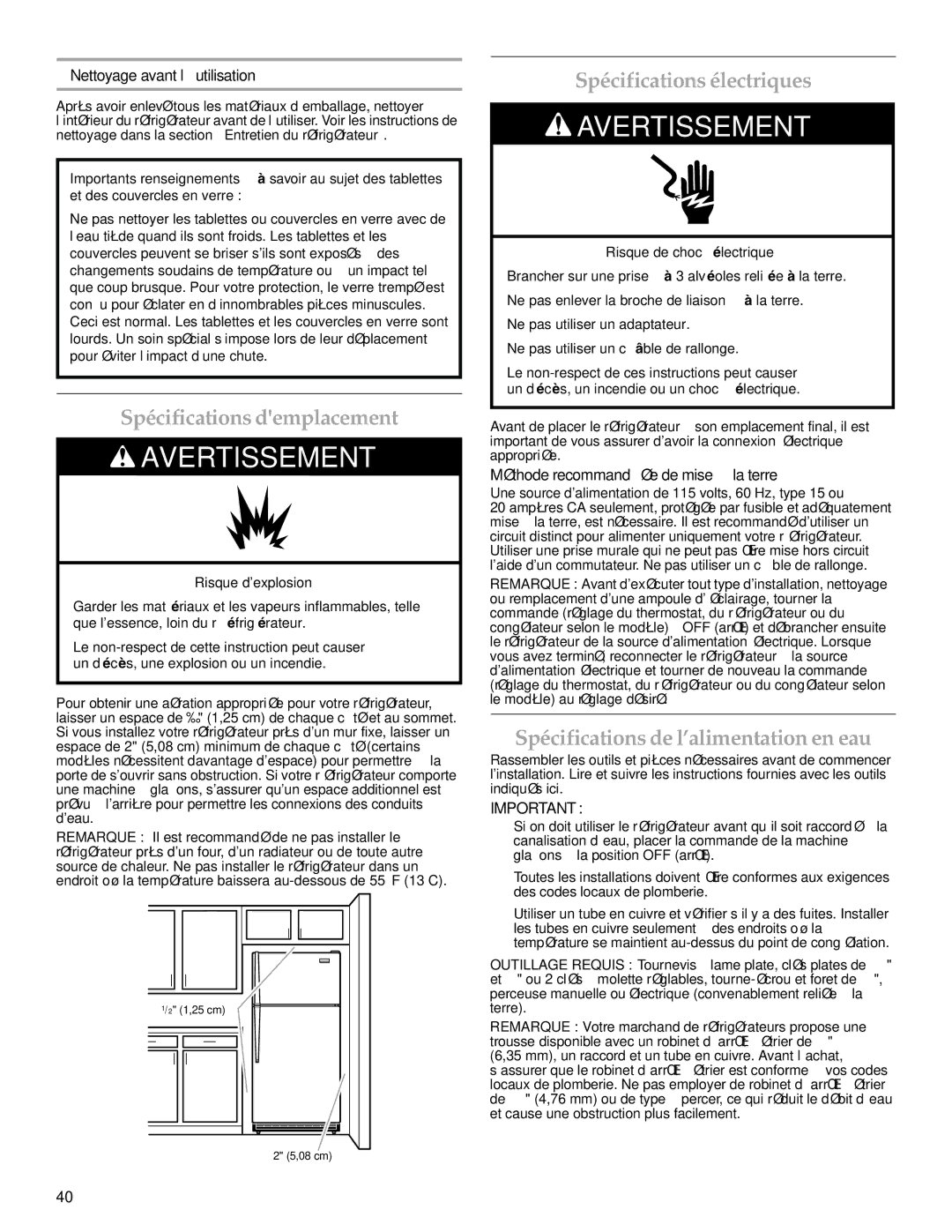 KitchenAid 2302428 Spécifications demplacement, Spécifications électriques, Spécifications de l’alimentation en eau 