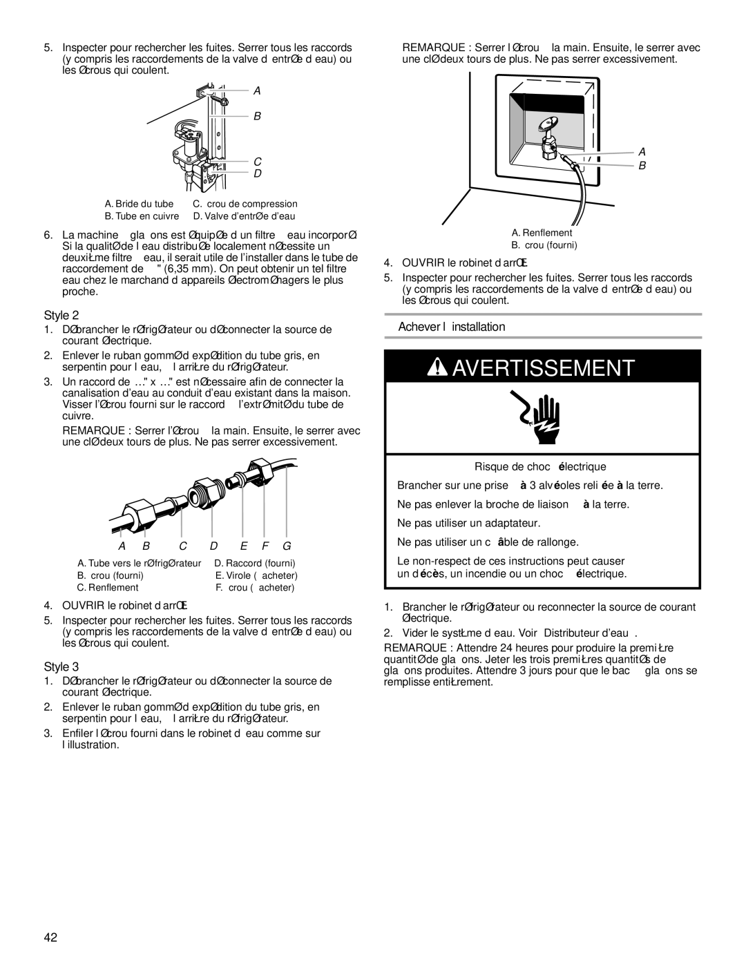 KitchenAid 2302428 warranty Achever l’installation, C D E F G 