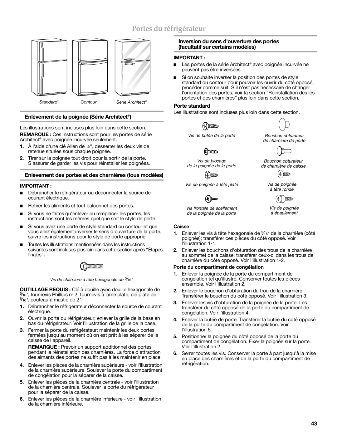 KitchenAid 2302428 warranty Portes du réfrigérateur, Enlèvement de la poignée Série Architect, Porte standard 