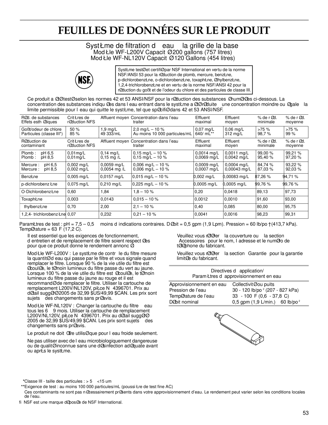 KitchenAid 2302428 warranty Feuilles DE Données SUR LE Produit, Système de filtration d’eau à la grille de la base 