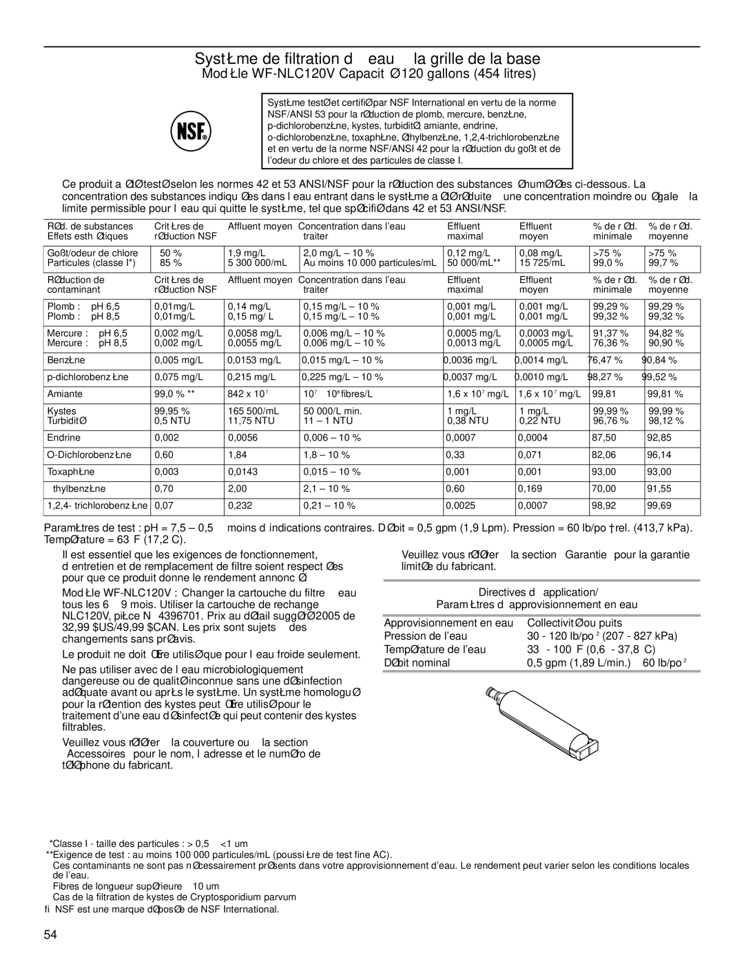 KitchenAid 2302428 warranty Modèle WF-NLC120V Capacité 120 gallons 454 litres 