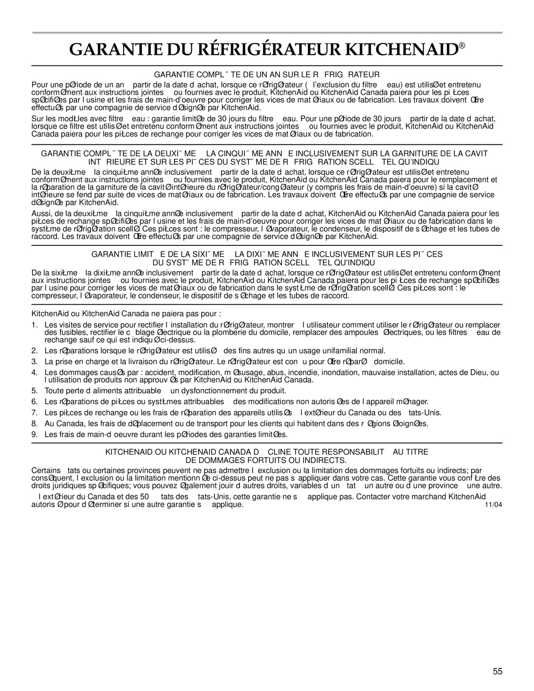 KitchenAid 2302428 warranty Garantie DU Réfrigérateur Kitchenaid, Garantie Complète DE UN AN SUR LE Réfrigérateur 