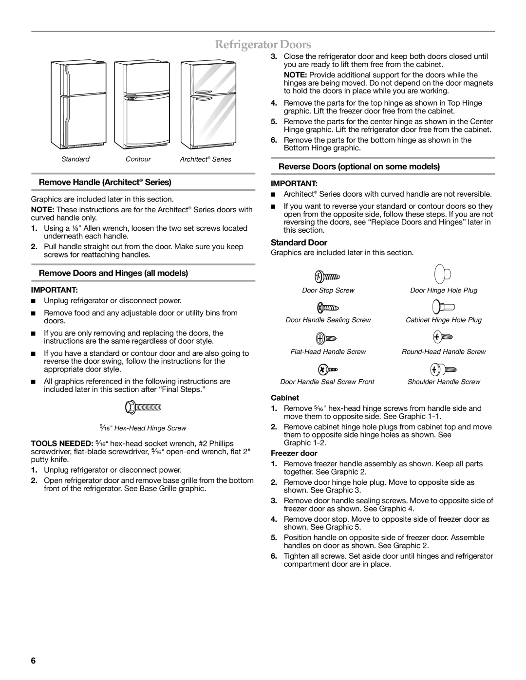 KitchenAid 2302428 Refrigerator Doors, Remove Handle Architect Series, Remove Doors and Hinges all models, Standard Door 