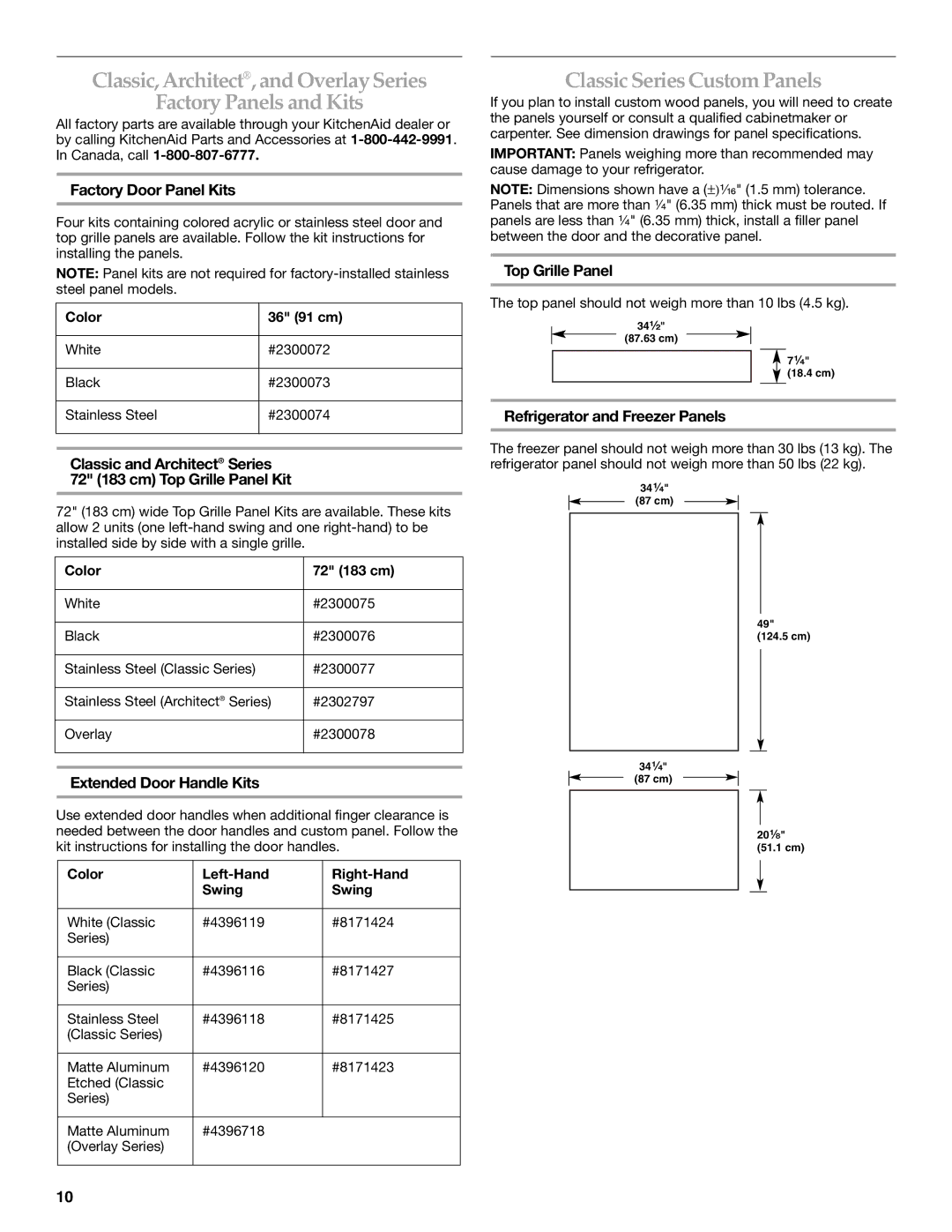 KitchenAid 2307890A Classic SeriesCustom Panels, Factory Door Panel Kits, Extended Door Handle Kits, Top Grille Panel 