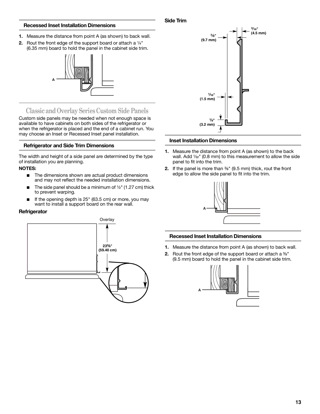 KitchenAid 2307890A manual Recessed Inset Installation Dimensions, Measure the distance from point a as shown to back wall 