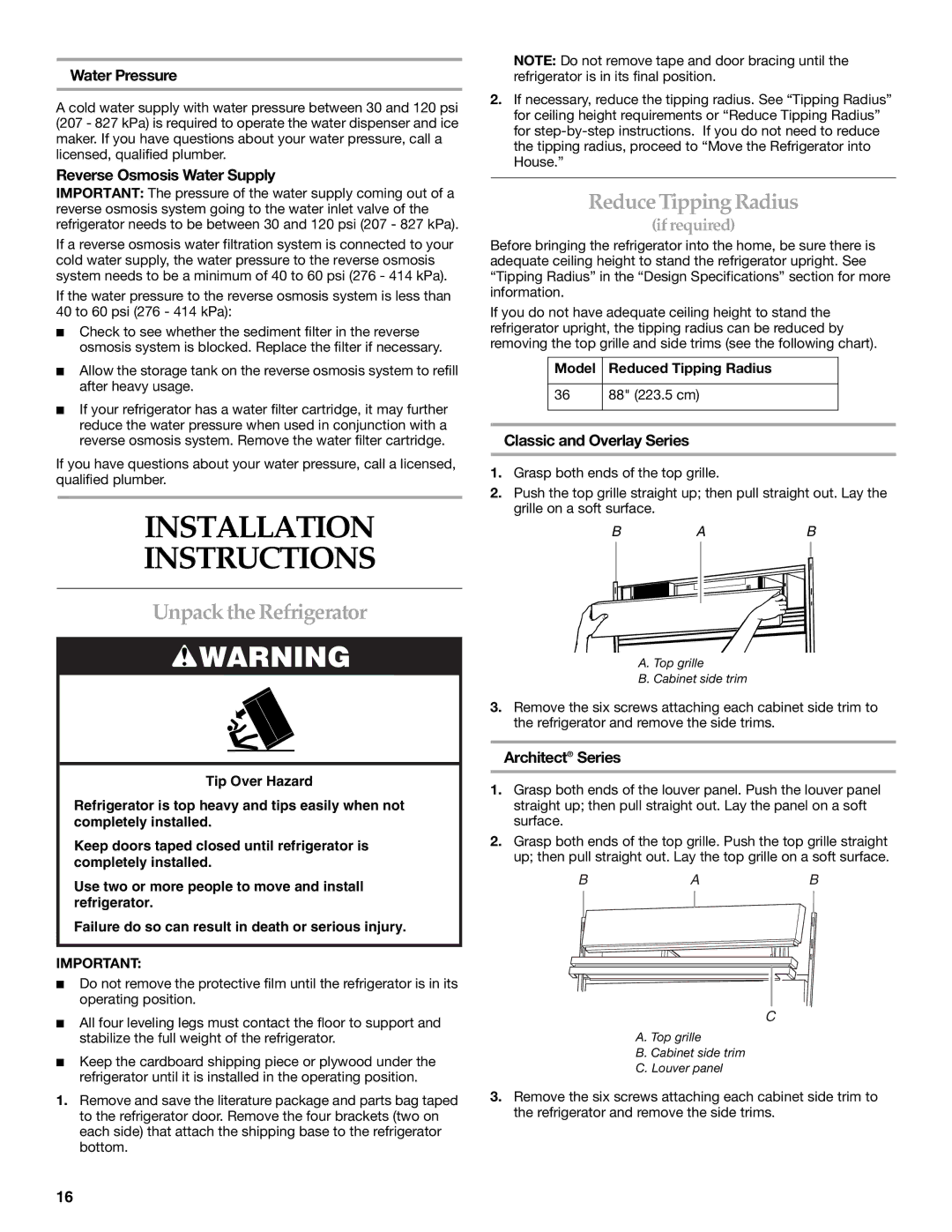 KitchenAid 2307890A manual Installation Instructions, Unpack the Refrigerator, Reduce TippingRadius 