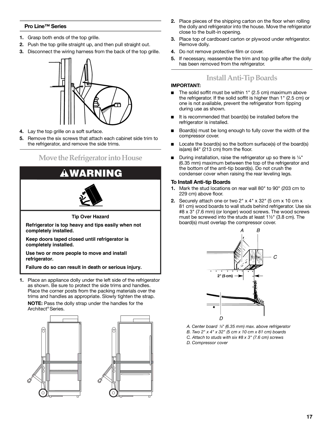 KitchenAid 2307890A Move the Refrigerator into House, Install Anti-Tip Boards, Pro Line Series, To Install Anti-tip Boards 