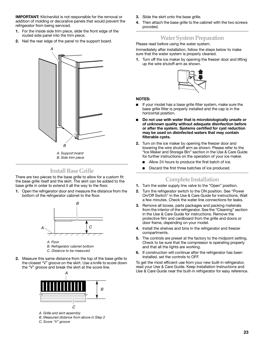 KitchenAid 2307890A manual Install Base Grille, Water System Preparation, Complete Installation 